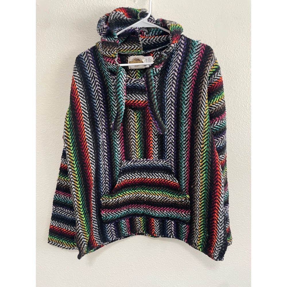 Earth Ragz Baja Poncho Hoodie Unisex Large Multicolor Striped Hippie Pullover